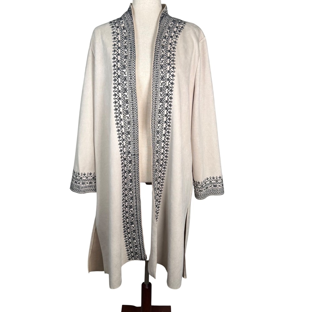 Solitaire Duster Cardigan Women XL Beige Faux Suede Embroidered Boho Kimono Coat